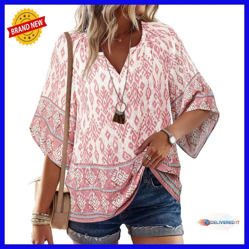 Boho Floral 3/4 Sleeve V-Neck Tunic Top Loose Fit Lightweight